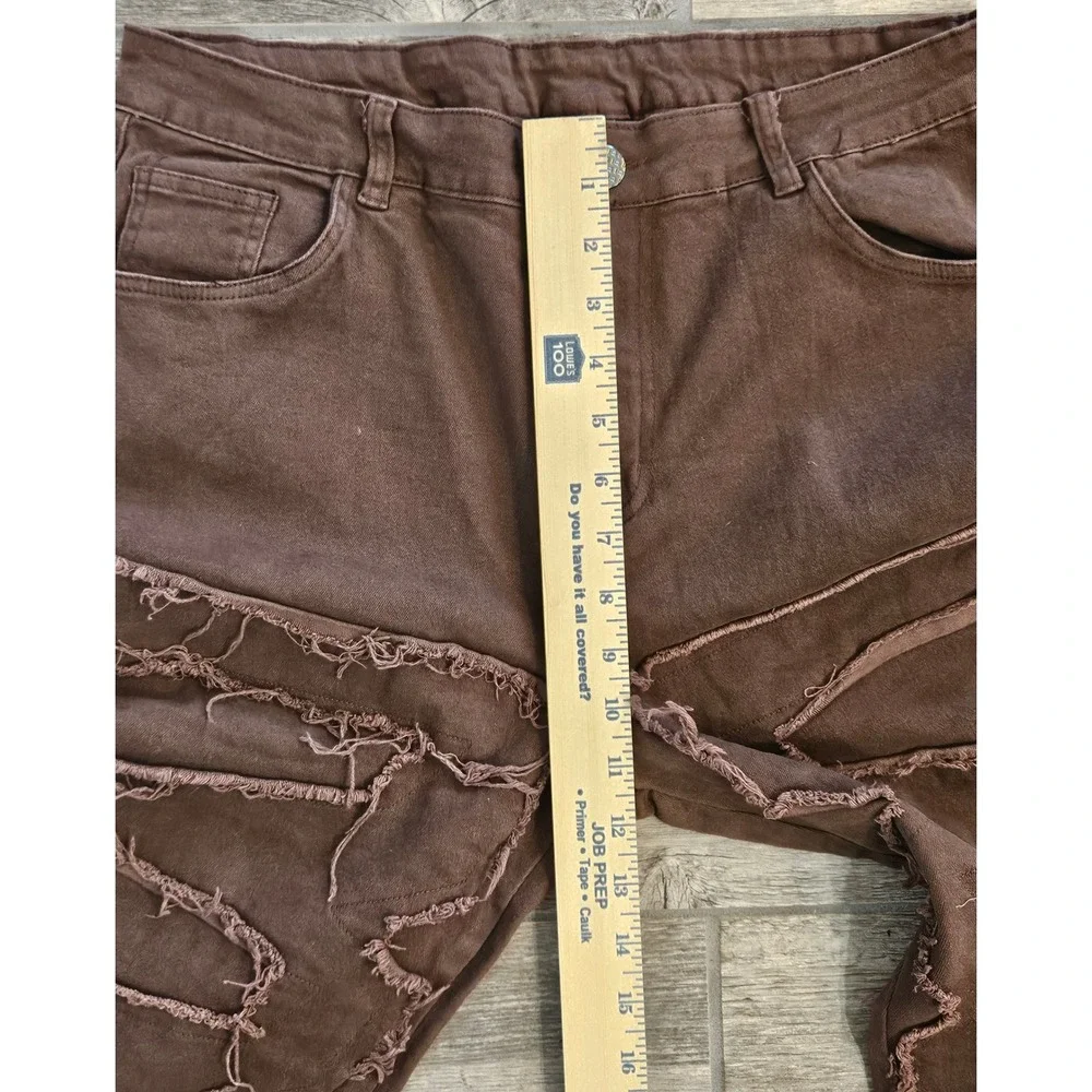 GOTHIC GRUNGE Brown 34 Distressed Patchwork Jeans Streetwear Frayed Raw Edge